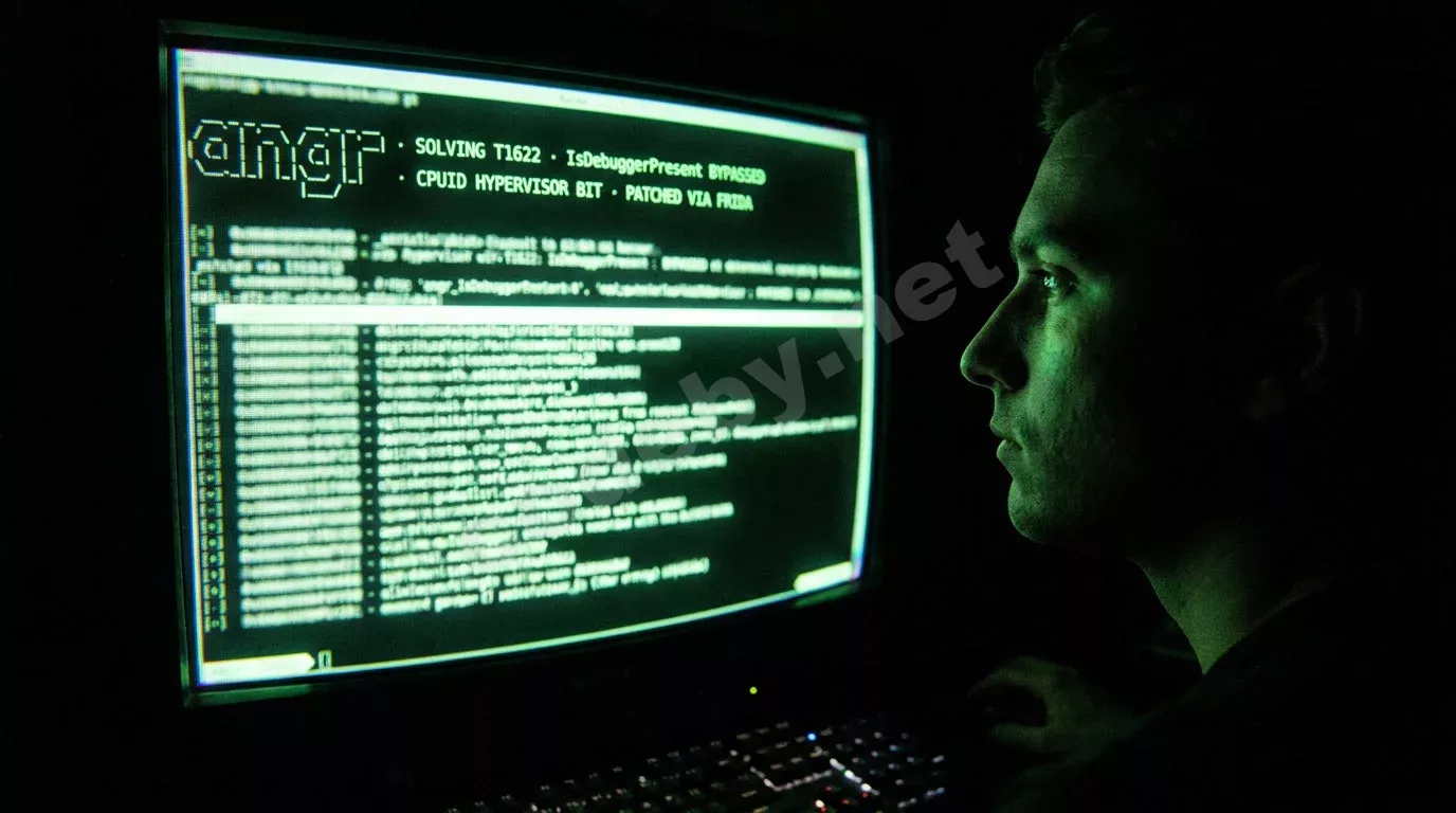 Силуэт оператора в зеленоватом свечении монитора с дизассемблером. Экран отображает листинг Ghidra с метками обхода антиотладки, зернистость и блики CRT создают атмосферу ночной работы.