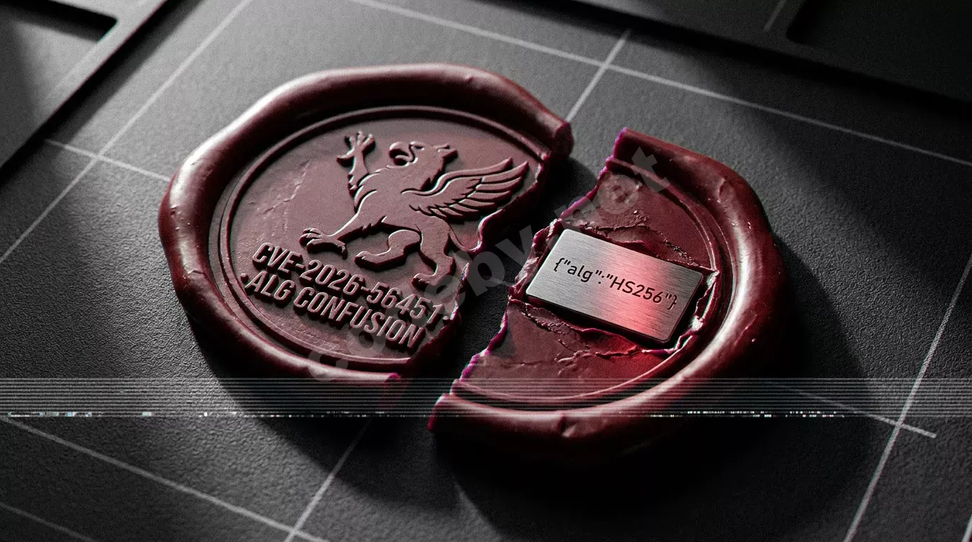 Треснувшая криптографическая печать из воска расколота надвое на чёрном антистатическом коврике. Внутри излома виден алюминиевый фрагмент с гравировкой поддельного заголовка JWT.