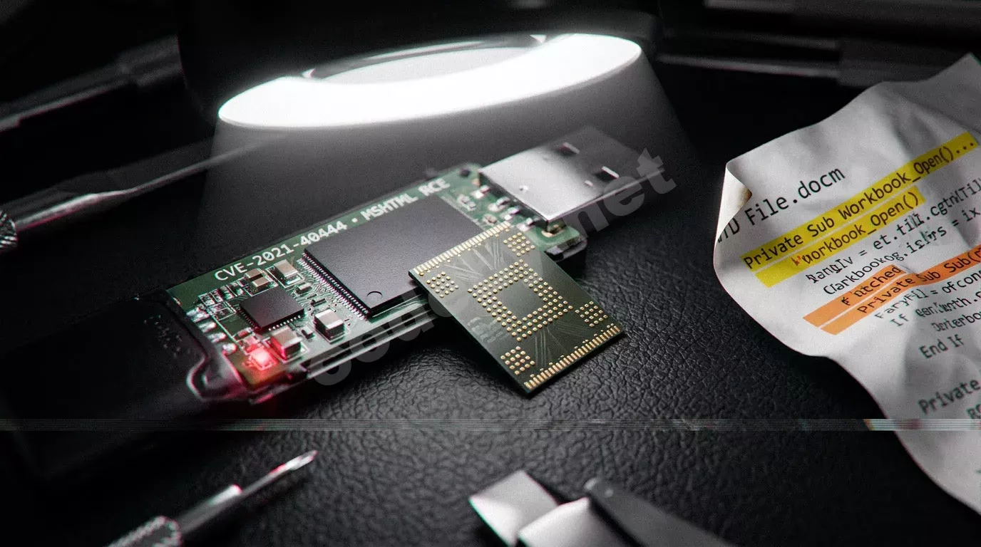 Разобранный USB-накопитель с отпаянным чипом памяти лежит рядом с распечаткой документа с подсвеченными строками VBA-макроса. Жёсткий конус света от лампы, глубокие тени, надпись CVE-2021-40444 на...