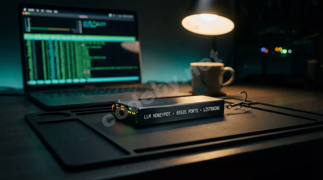 Стальная рыболовная приманка в форме серверного шасси с мигающими светодиодами лежит на чёрном антистатическом коврике. Позади светится экран ноутбука с зелёными строками терминала.