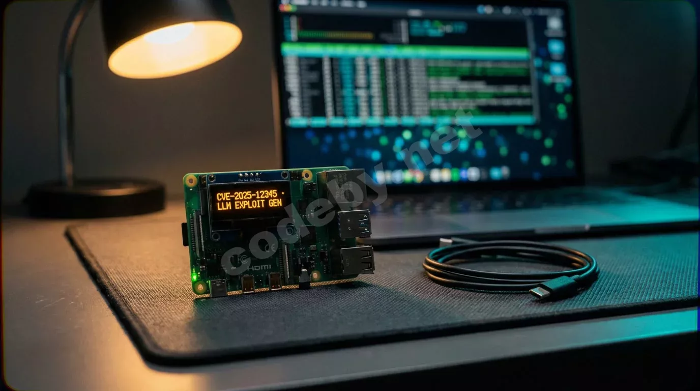 Raspberry Pi с открытыми контактами GPIO лежит на тёмном антистатическом коврике, его OLED-экран светится янтарным текстом. На фоне — ноутбук с терминалом, размытый в боке, в холодном сине-зелёном...