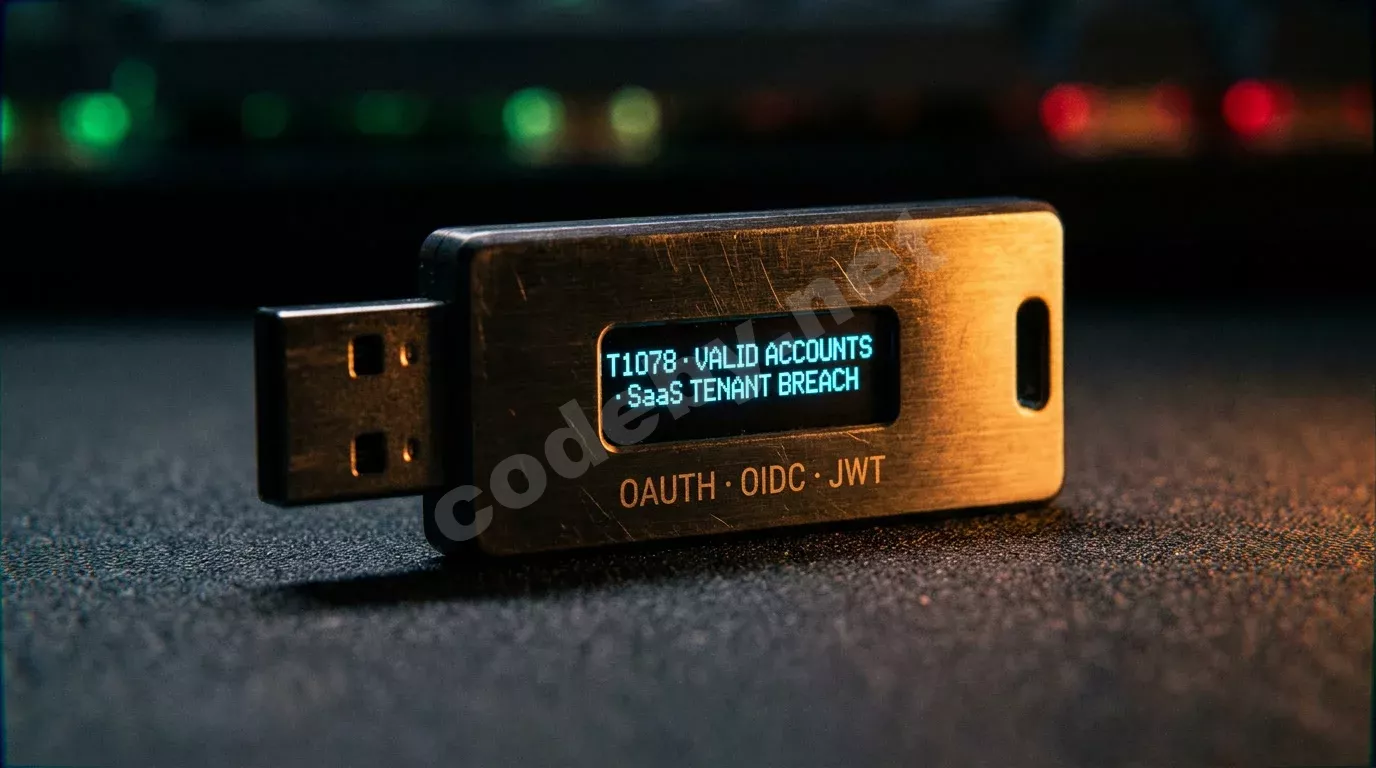 Аппаратный токен безопасности FIDO2 крупным планом на тёмном антистатическом коврике. Янтарный свет выявляет царапины на металле и гравировку, дисплей светится синим.
