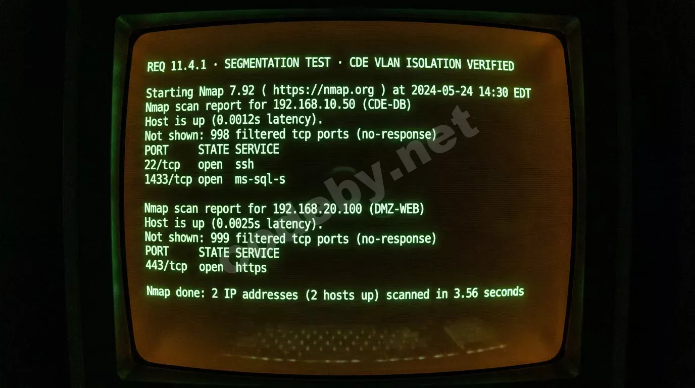 Старый ЭЛТ-монитор с зелёным фосфорным текстом терминала — вывод nmap и строки проверки сегментации сети. Янтарное свечение экрана растворяется в полной темноте.