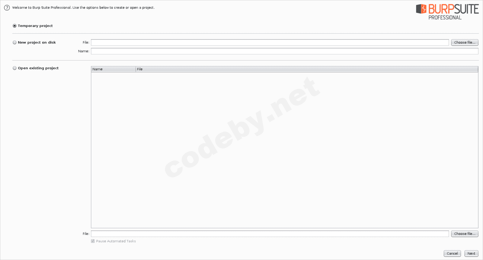 Выбор Temporary project в Burp Suite для быстрого старта
