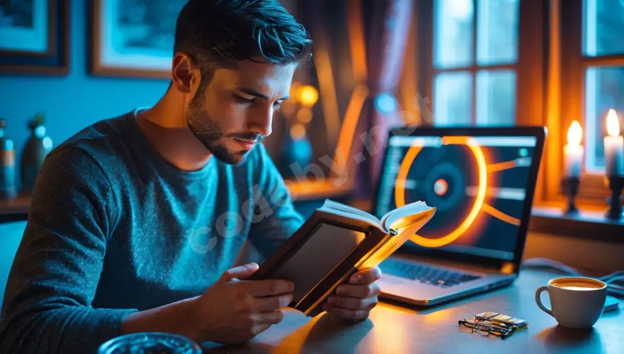 Хакер за ноутбуком изучает техническую документацию на английском языке