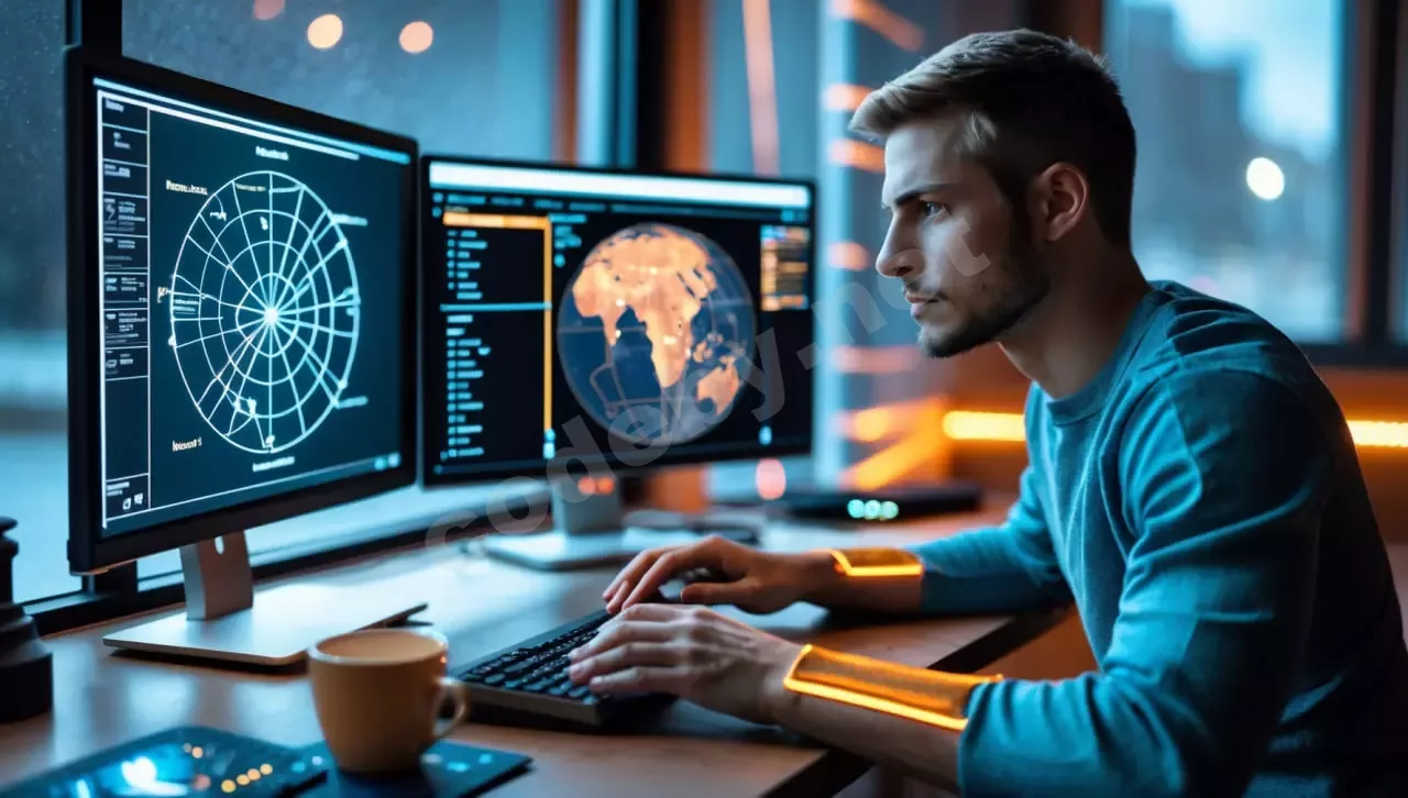 OSINT-разведка: специалист по ИБ анализирует данные из открытых источников на экране ноутбука