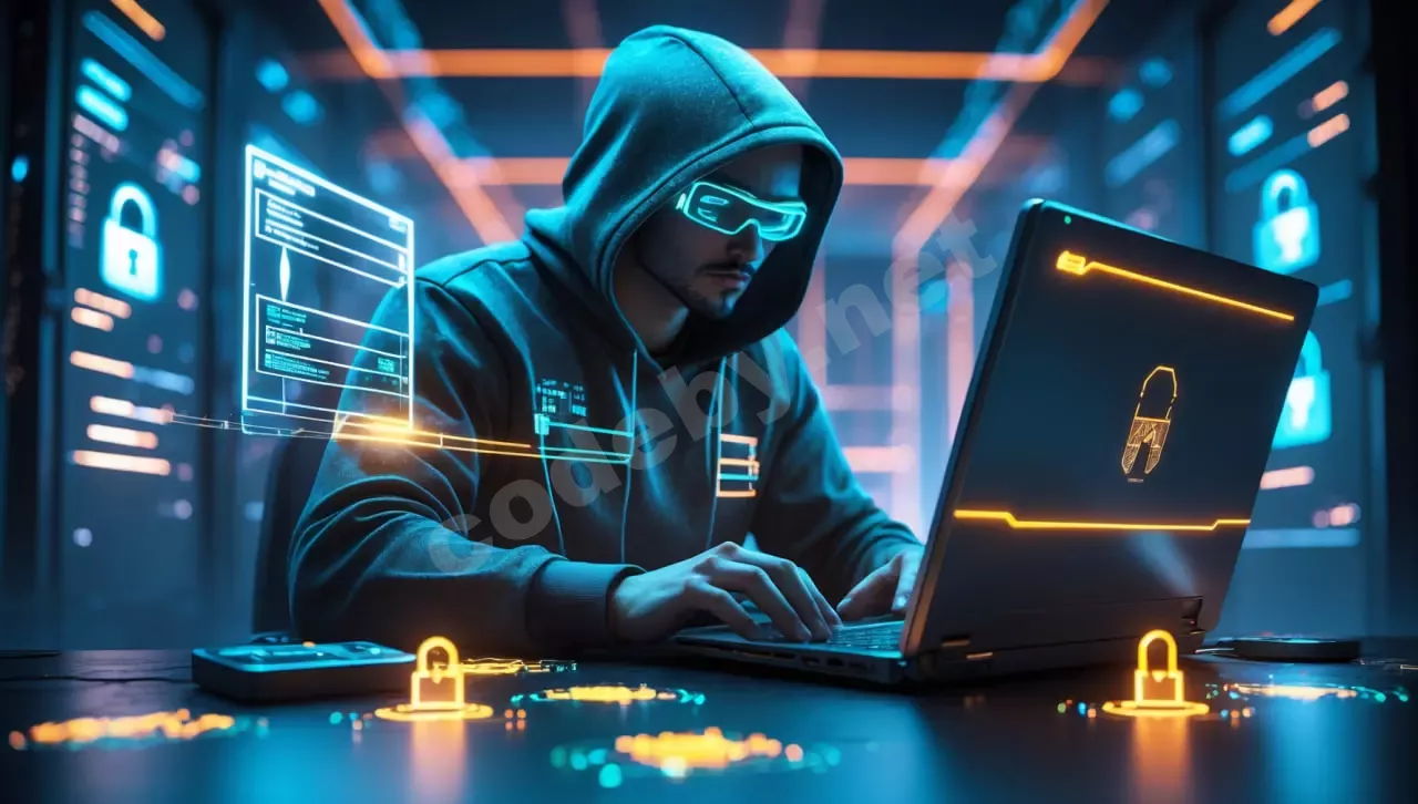 Молодой человек в капюшоне сосредоточенно работает за ноутбуком, символизируя обучение или изучение в сфере информационных технологий и кибербезопасности.
