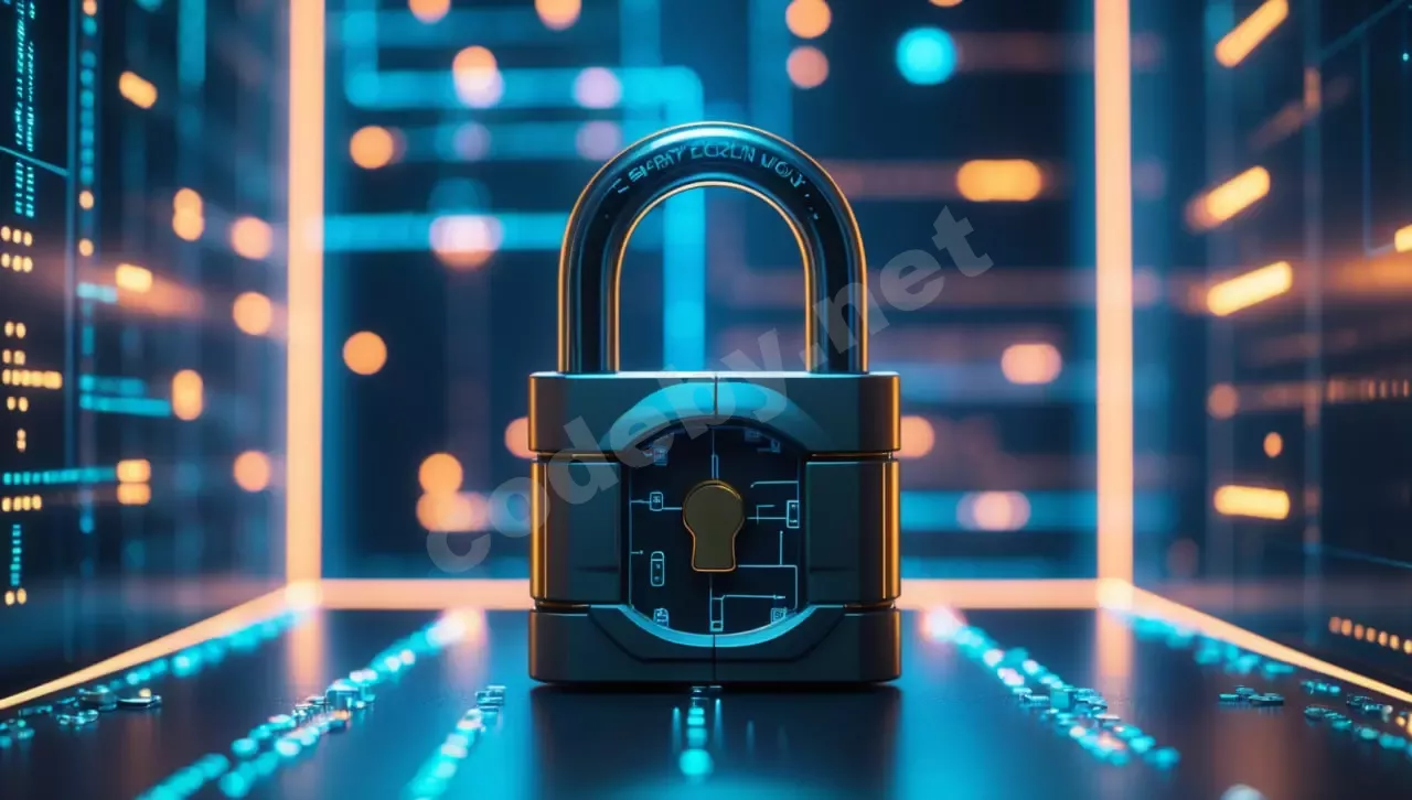 Минималистичная фотореалистичная обложка статьи об этичном хакинге с изображением светящегося цифрового замка на фоне абстрактной киберсети.