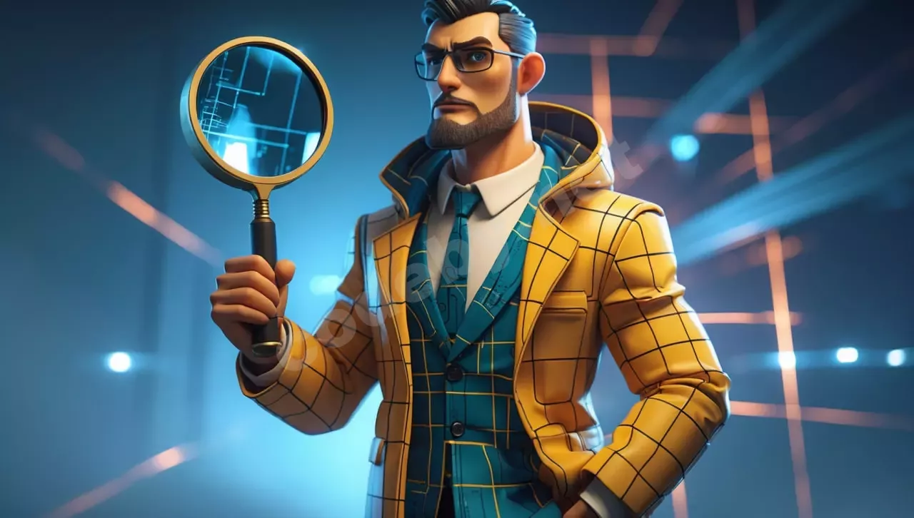 Мультяшный кибердетектив OSINT с лупой в клетчатом костюме и плаще без рукавов, ищет информацию в открытых источниках.