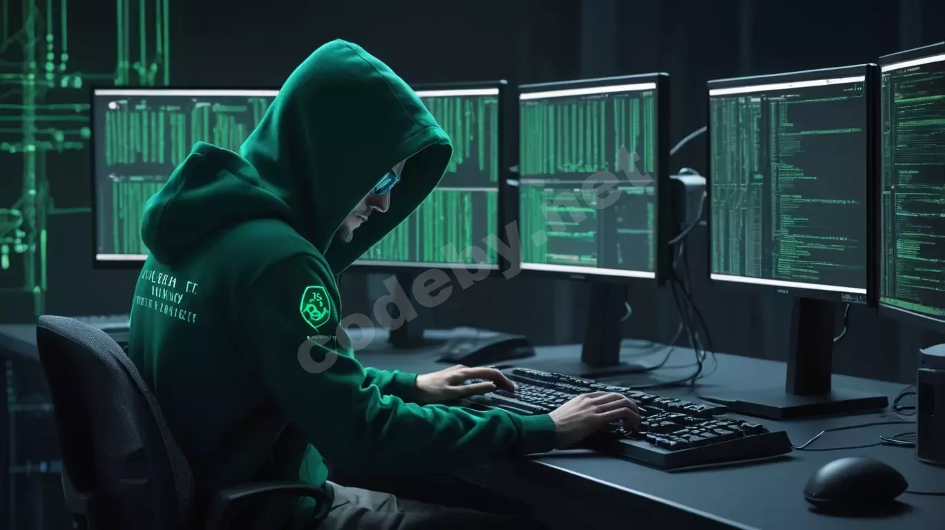 Человек в тёмном худи сидит перед несколькими мониторами с кодом – автоматизация задач пентеста