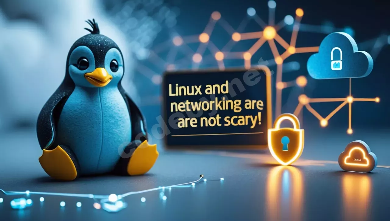 Пингвин Tux (логотип Linux), окружённый дружелюбными символами сетей (Wi-Fi, Ethernet, облако) и значком безопасности (замок или щит). Мягкие, позитивные цвета. Надпись: «Linux и сети – это не страшно!»