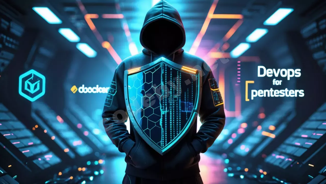 DevSecOps и пентестинг - киберпанк-иллюстрация интеграции Docker, Kubernetes в информационную безопасность