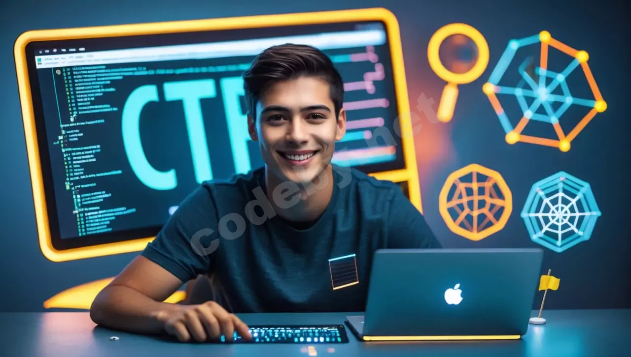 Молодой человек улыбается, сидя за ноутбуком с кодом на экране, на обложке статьи о CTF для новичков. Вокруг них иконки кибербезопасности.