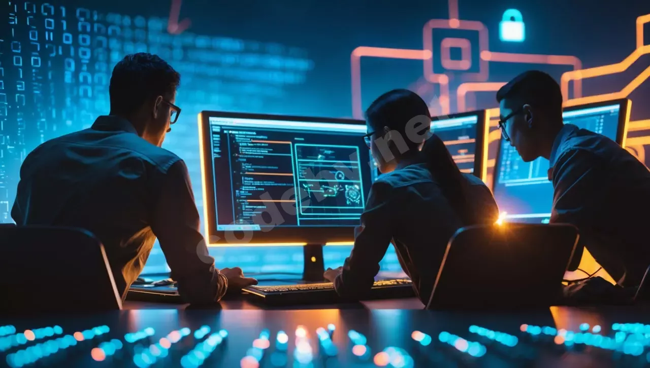 Команда экспертов по кибербезопасности работает вместе, символизируя командный дух в CTF.