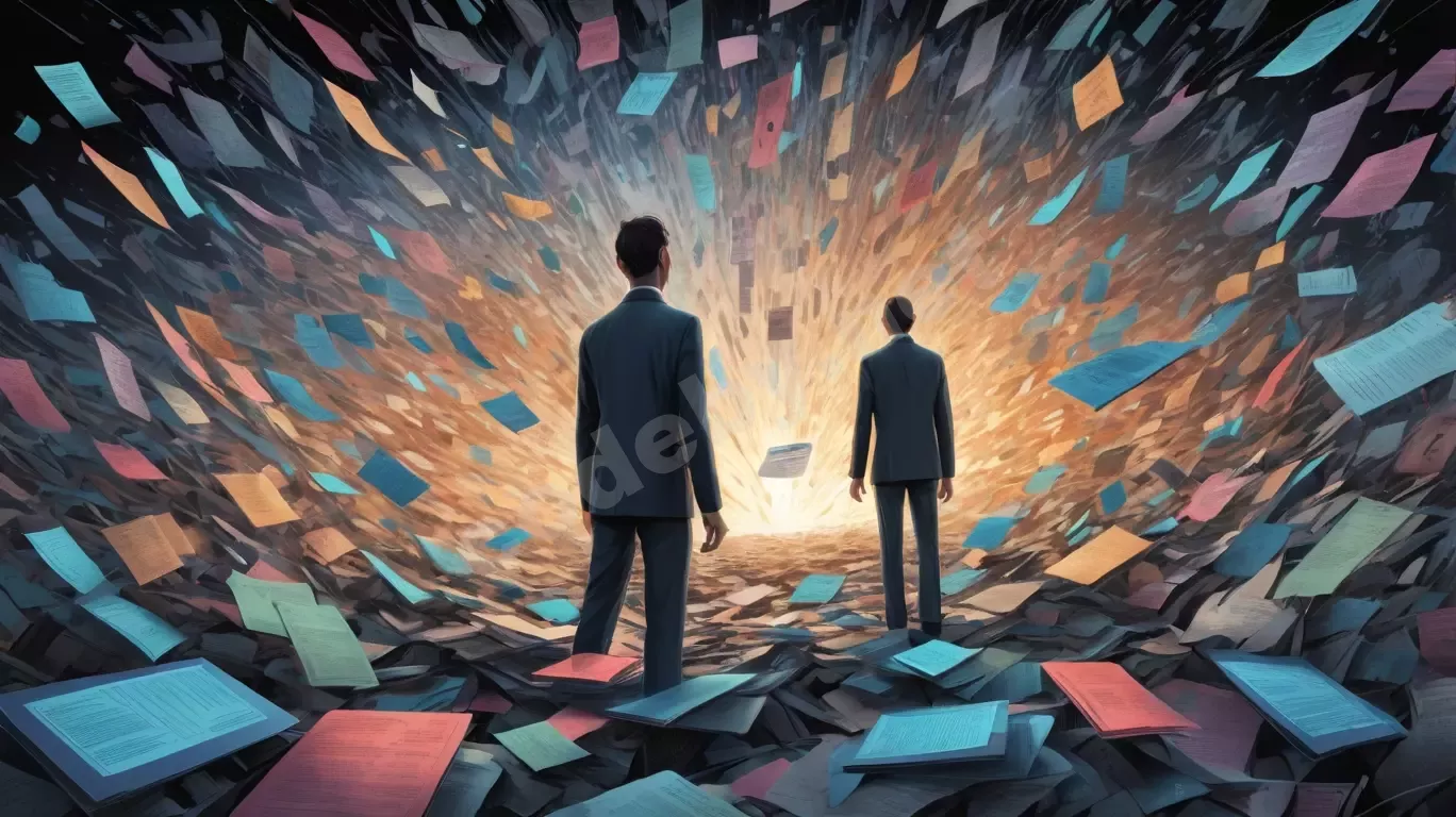 Два человека просматривают поток цифровой информации — фильтрация информационного шума, выбор ниши и безопасность данных