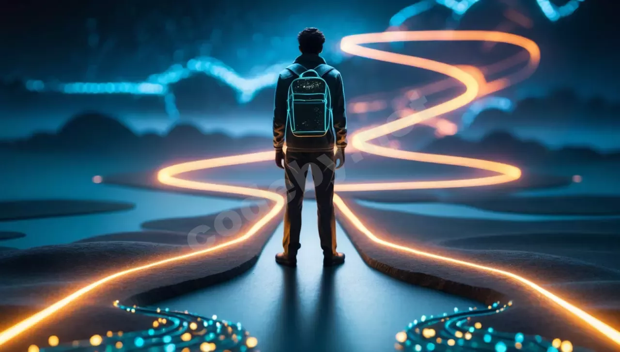 Дорожная карта пентестера 2025: стилизованный человек стоит перед выбором одного из нескольких светящихся путей, символизирующих карьерные направления в кибербезопасности.
