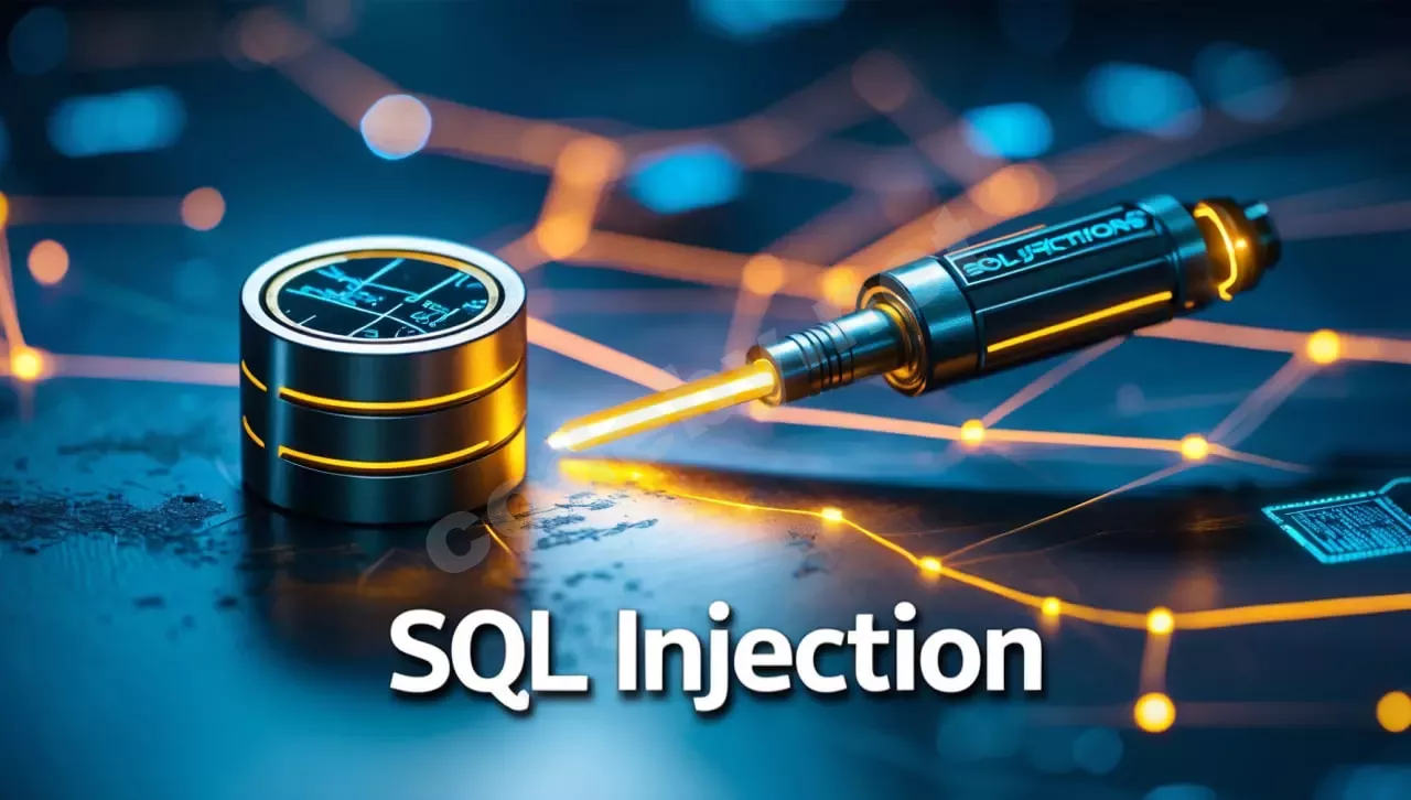 Визуальная концепция уязвимости SQL-инъекция (SQLi), где шприц символизирует атаку на базу данных.