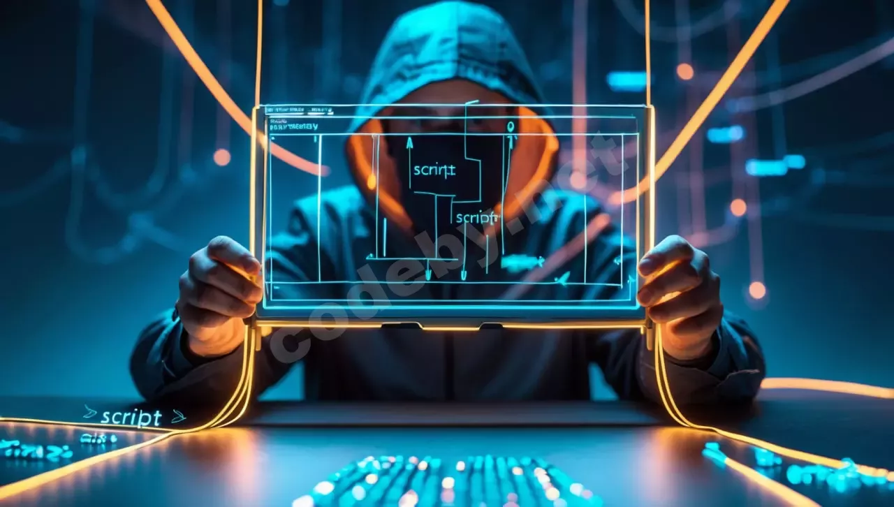 Концептуальная иллюстрация XSS-атаки: хакер-кукловод в капюшоне управляет браузером-марионеткой через нити из вредоносного <script> кода, символизируя уязвимость и захват контроля