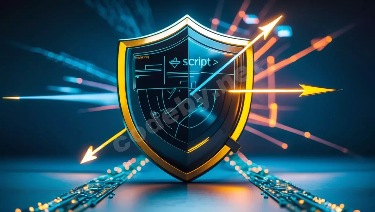 Щит с надписью script/ отражает летящие лучи – защита сайта от XSS межсайтового скриптинга