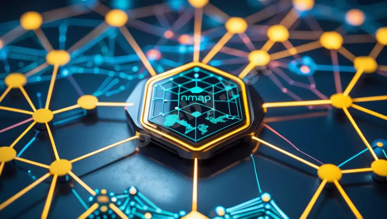 Схематичное изображение работы Nmap: центральный узел сканирует другие узлы в темной цифровой сети.