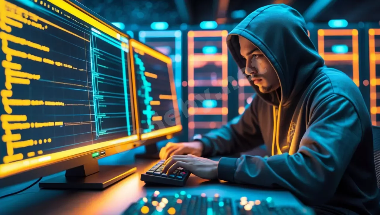 Человек в худи перед монитором с кодом, символизирующим кибербезопасность и хакинг.