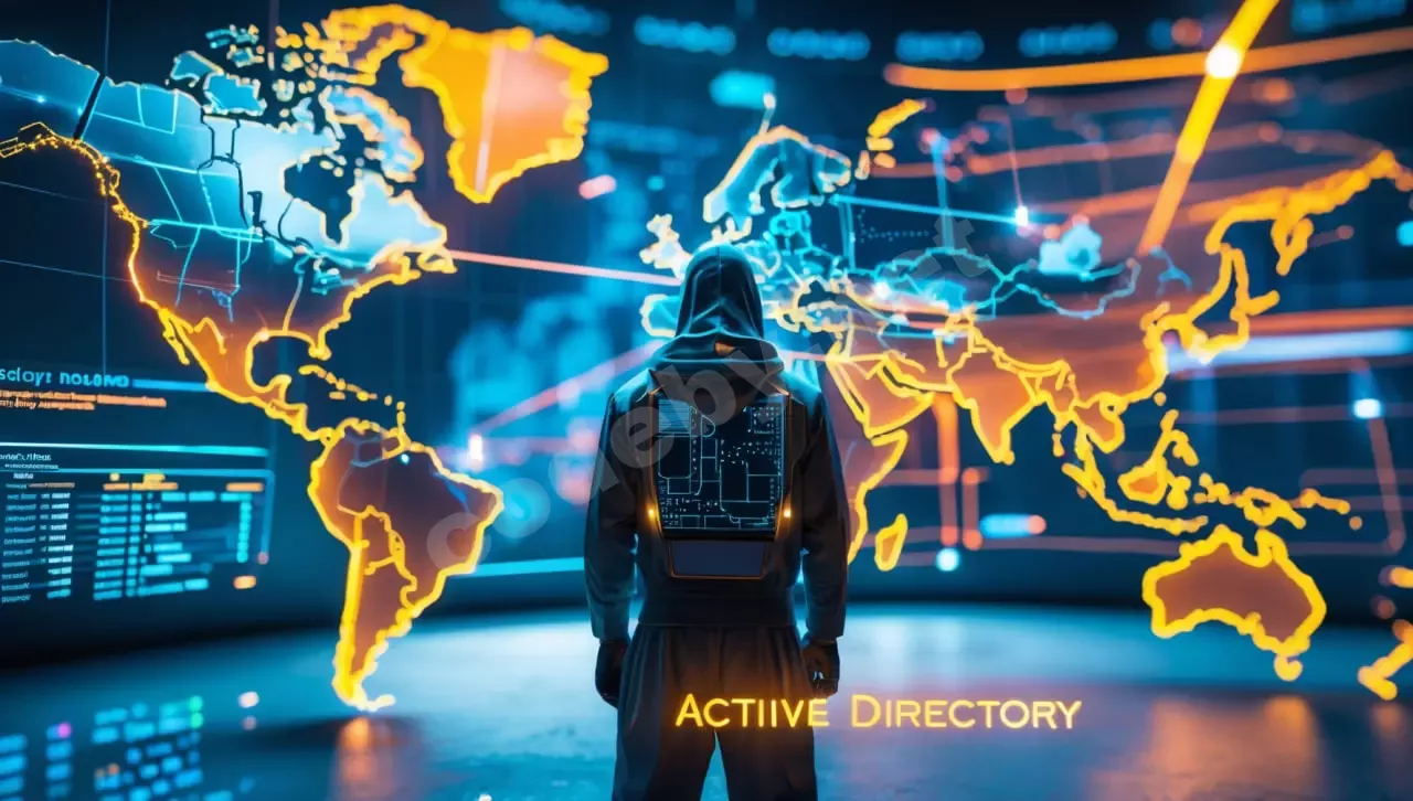 Схематичное изображение сети Active Directory с узлами, представляющими контроллеры домена и потоки информации, в стиле киберпанк.