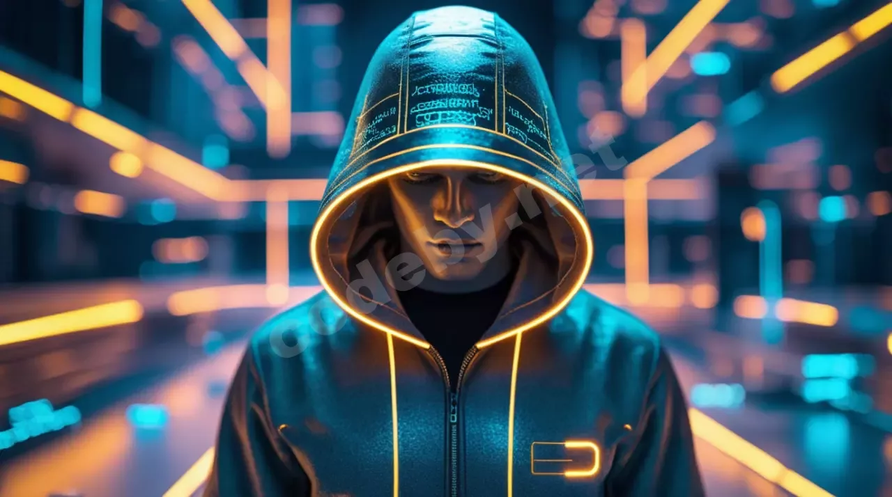 Человек в капюшоне сидит перед мониторами с зеленым кодом