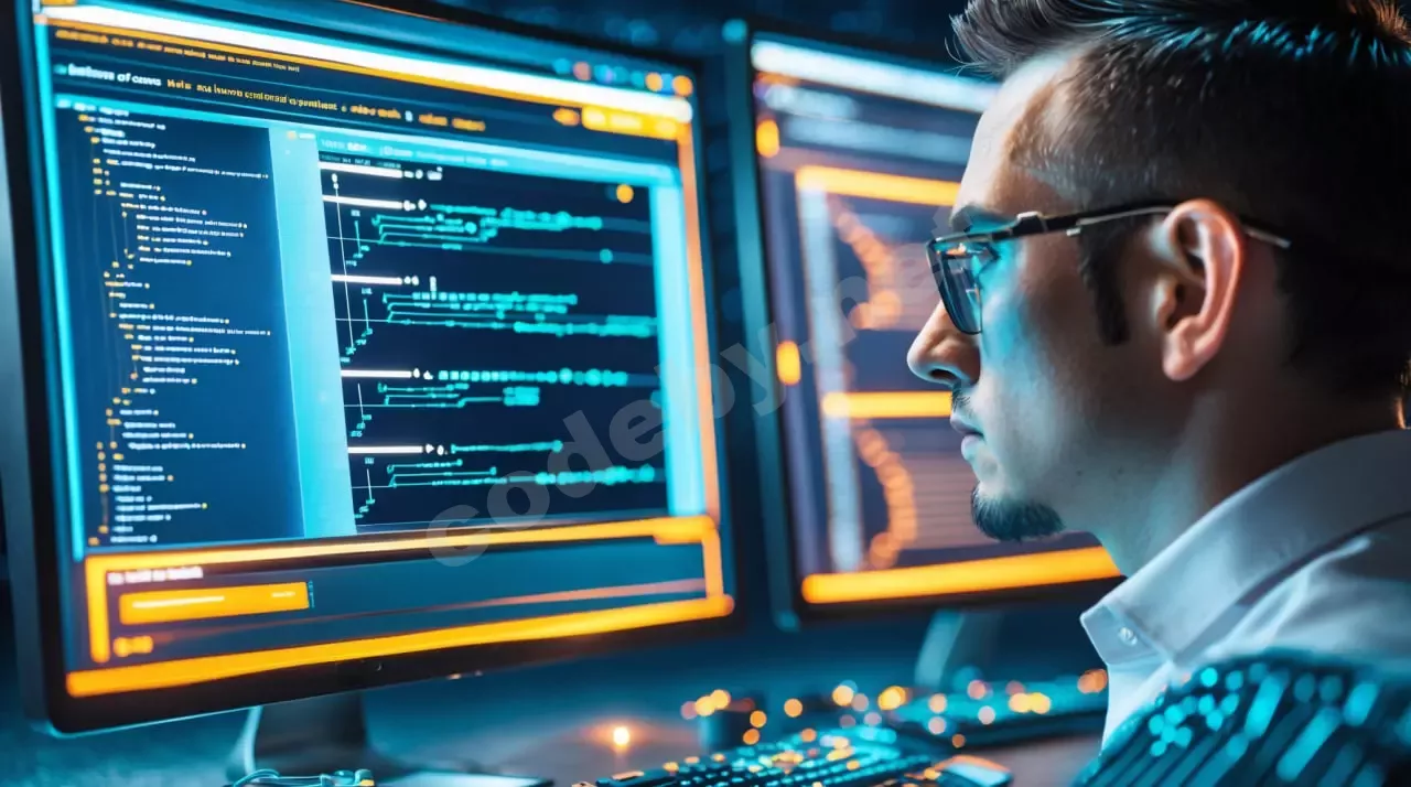 Эксперт кибербезопасности смотрит на экраны с кодом и новостями о кибербезопасности, символизируя актуализацию знаний в ИБ и постоянное развитие.