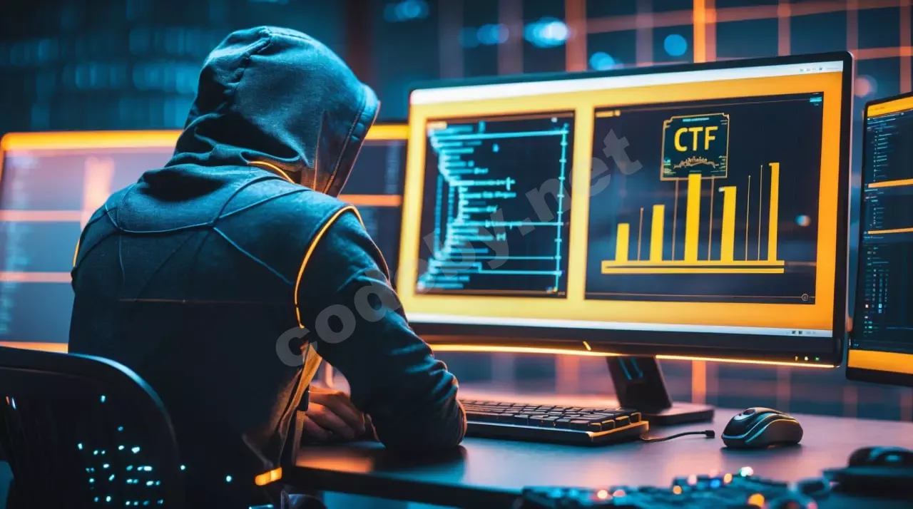 Специалист по кибербезопасности работает с кодом, символизируя связь CTF-навыков с реальным пентестом и карьерным ростом.