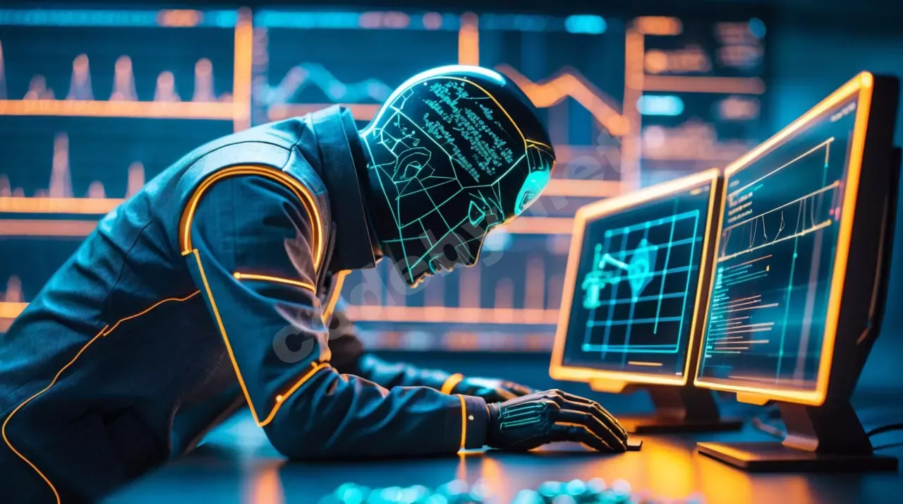 Изображение специалиста по кибербезопасности за компьютером, анализирующего данные для обнаружения шпионского ПО в сети.
