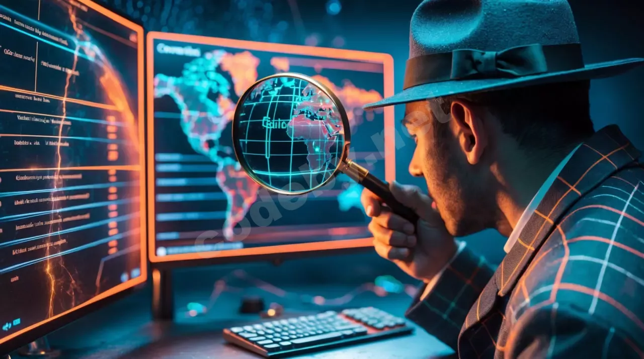 Человек в капюшоне сидит перед мониторами с зеленым кодом и красными предупреждениями, символизируя OSINT-анализ и угрозы цифрового следа.