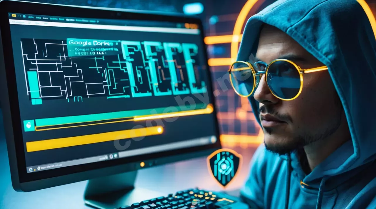 Человек в капюшоне смотрит на экран с поисковыми запросами Google Dorks, символизируя специалиста по кибербезопасности, проводящего OSINT.