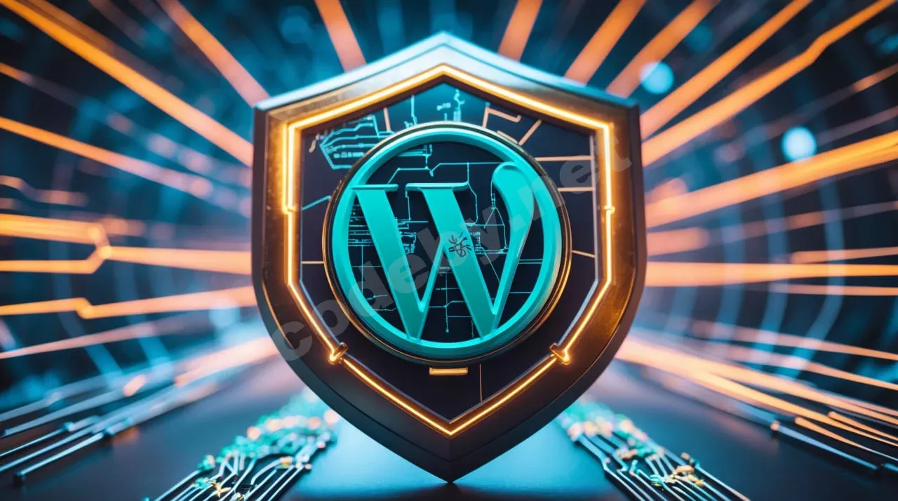 Футуристический щит с логотипом WordPress, символизирующий защиту от кибератак, с зеленым индикатором успеха и предупреждающим знаком.