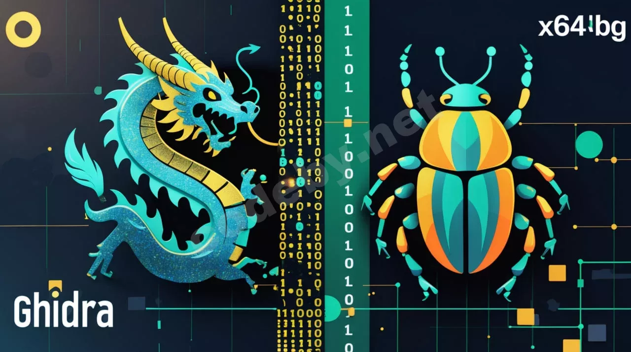 Пошаговый гайд по реверс-инжинирингу с нуля: логотипы Ghidra и x64dbg на фоне кода для анализа CrackMe.