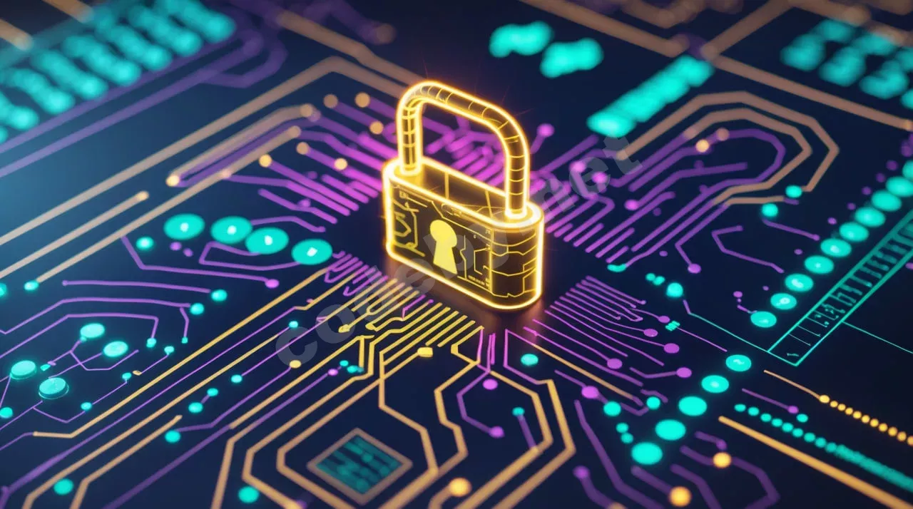 Концепт-арт на тему reverse engineering с нуля: неоновая схема с замком и ключом из кода, символизирующая анализ программ.