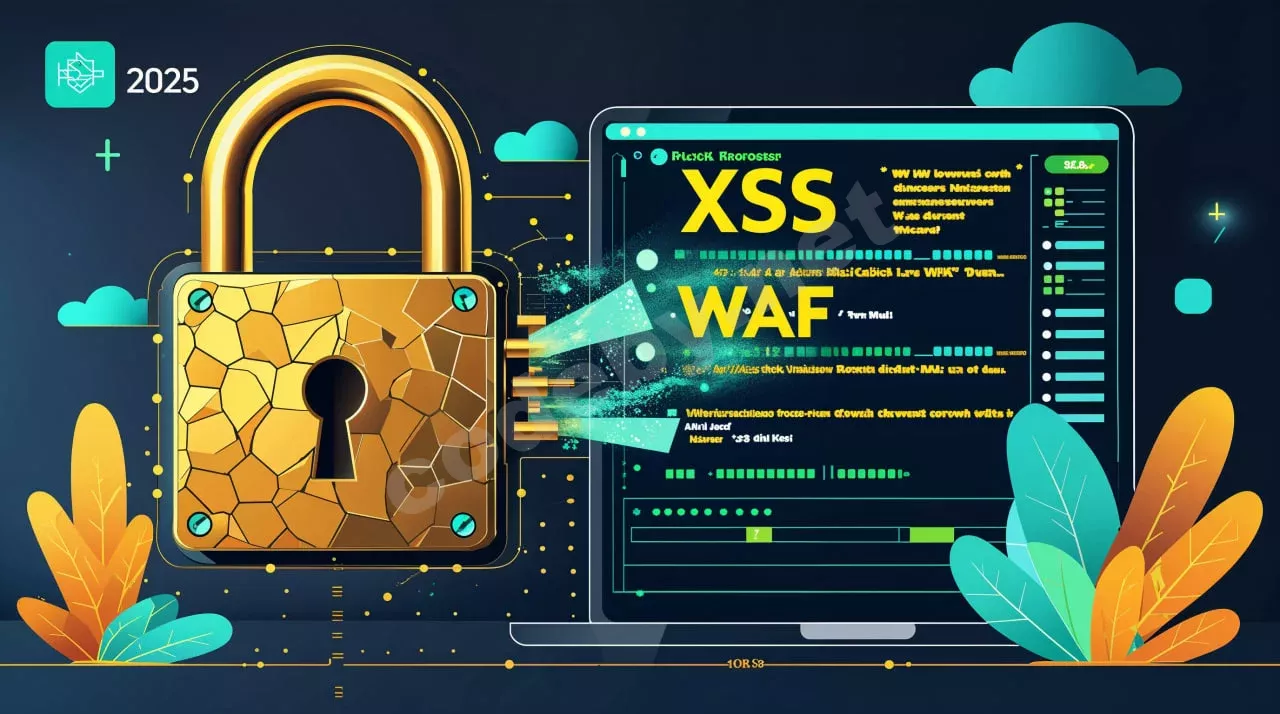 Иллюстрация, символизирующая XSS-атаки в 2025 году: взломанный цифровой замок (WAF), из которого вырывается вредоносный код.
