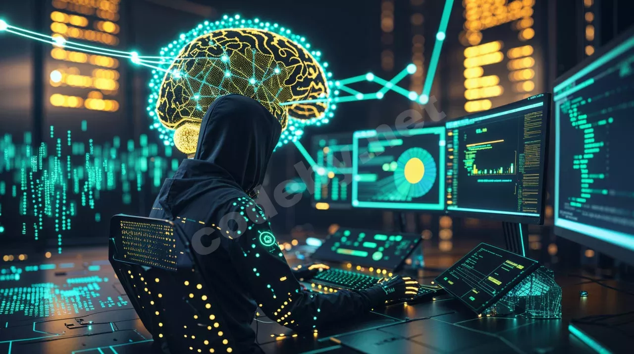 Киберпанк визуализация OSINT разведки с AI-анализом данных и голографическими интерфейсами