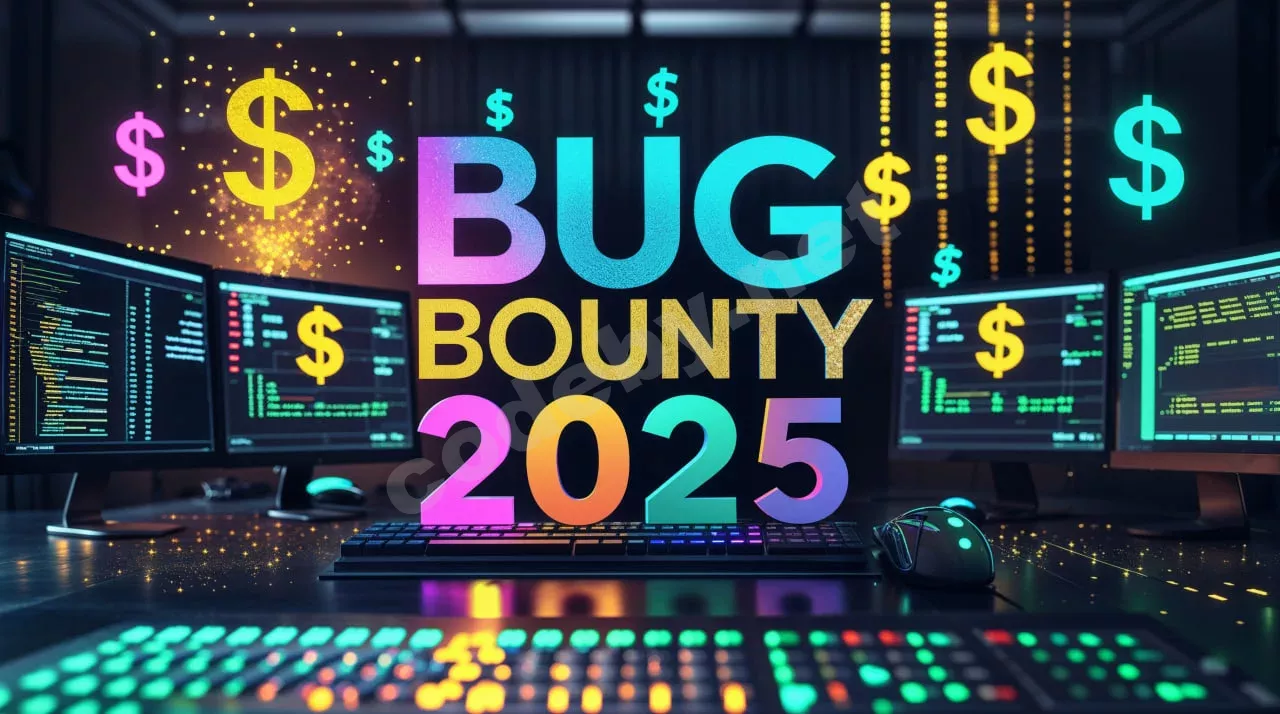Визуализация Bug Bounty атаки на цифровую систему с неоновыми потоками данных и голографическими щитами безопасности
