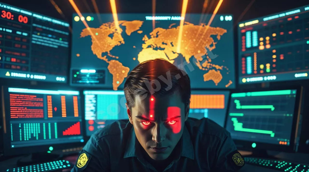 AI-агент SOC анализирует киберугрозы в неоновом киберпространстве с голографическими потоками данных