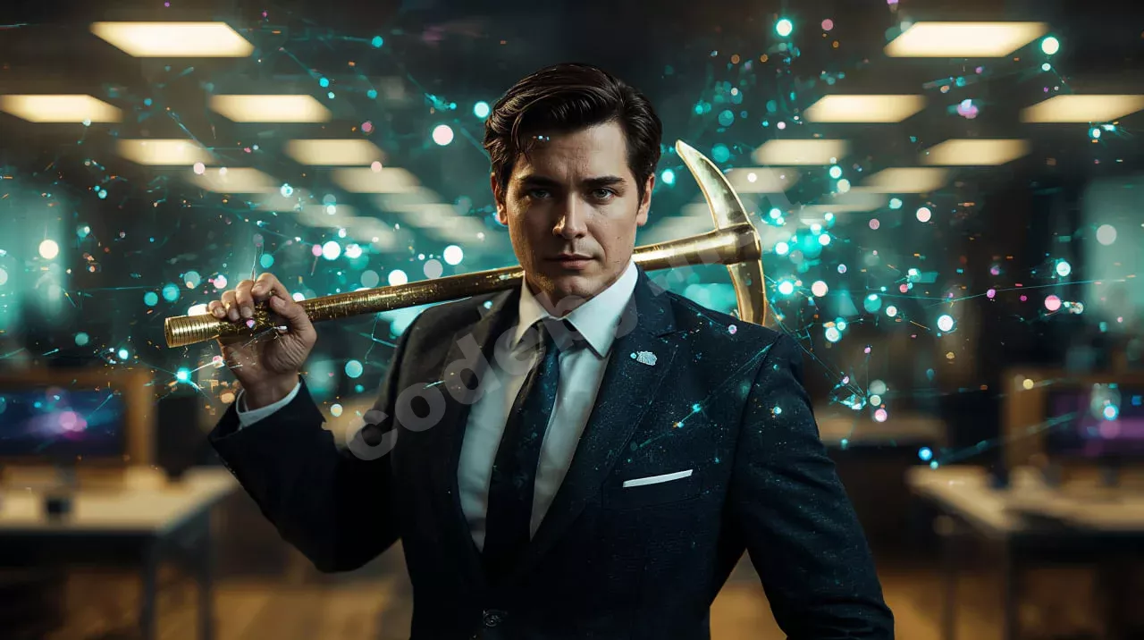 Специалист по кибербезопасности с киркой символизирует добычу высоких зарплат в ИБ 2025