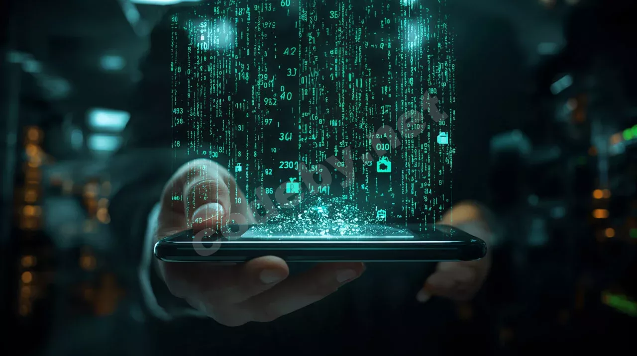 Визуализация защиты Android от утечки данных через неоновый цифровой щит блокирующий телеметрию