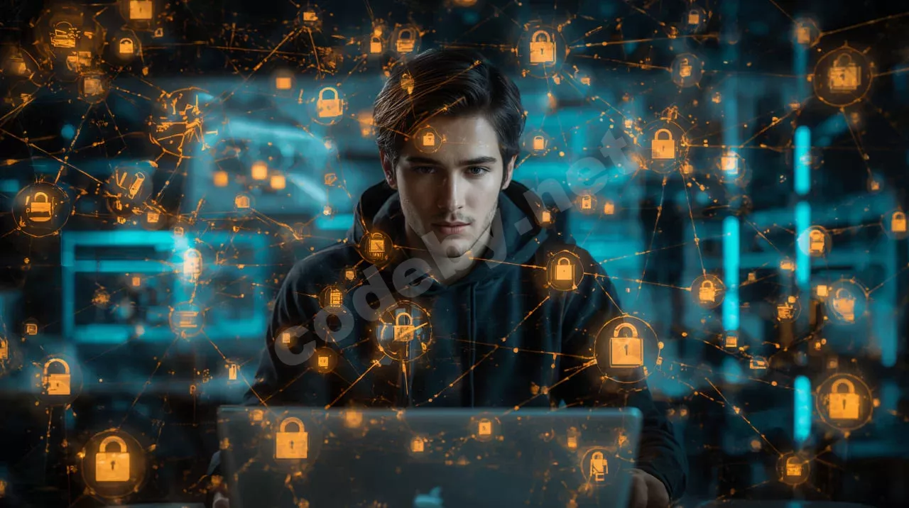 Network Security Engineer в худи работает с картой сети и файрволами в современном офисе