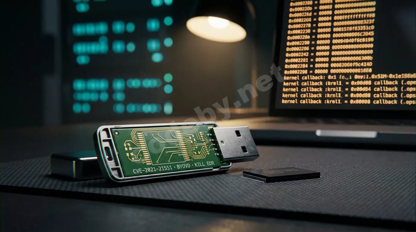 Вскрытый USB-накопитель на антистатическом коврике с видимыми золотыми дорожками платы. На фоне — светящийся экран ноутбука с шестнадцатеричным дампом в янтарном свете.