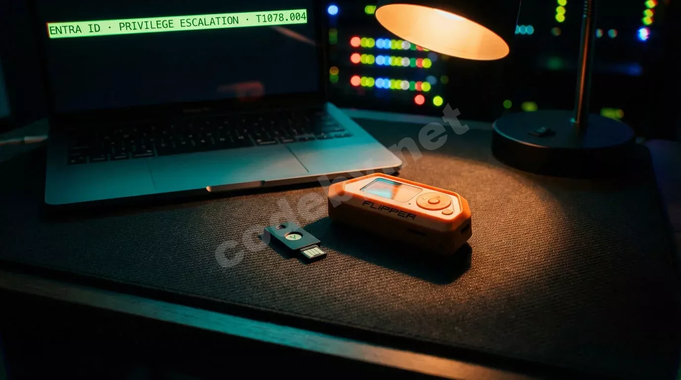 Юбикей и Flipper Zero на тёмном антистатическом коврике, за ними светится экран ноутбука с зелёным терминалом. Янтарный свет лампы выхватывает устройства из глубокой тени.