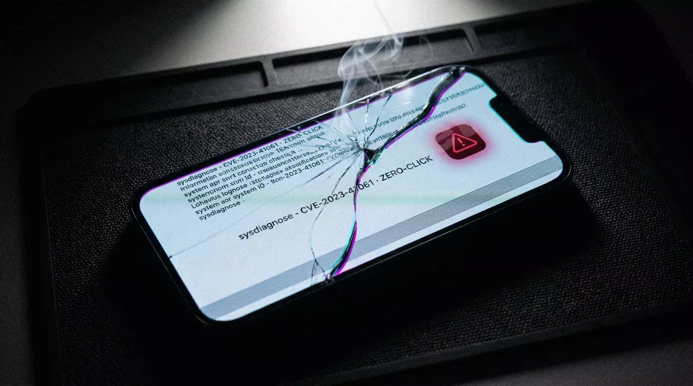 Треснувший экран iPhone светится в темноте, сквозь трещину видны строки повреждённого системного лога. Над разбитым стеклом поднимается тонкая струйка дыма.