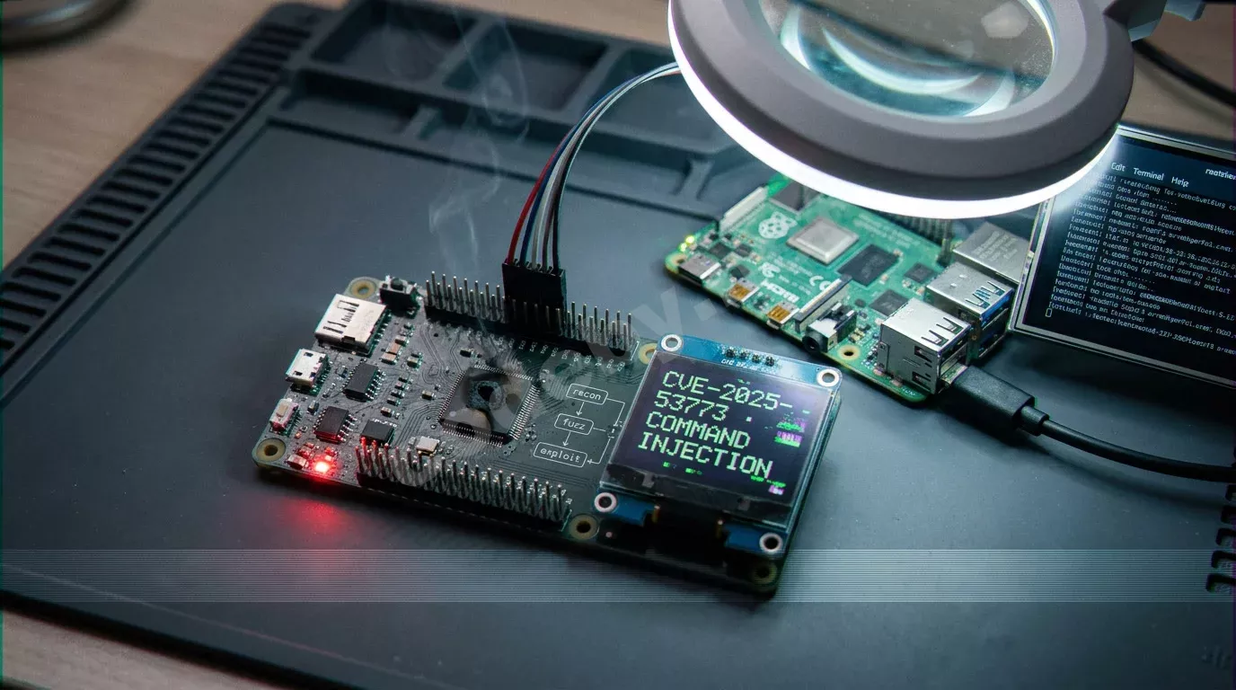 Плата на антистатическом коврике подключена к Raspberry Pi с OLED-экраном, где искажённым моноширинным шрифтом мигает CVE-2025-53773 COMMAND INJECTION. Один чип обуглен у отладочного разъёма, над...