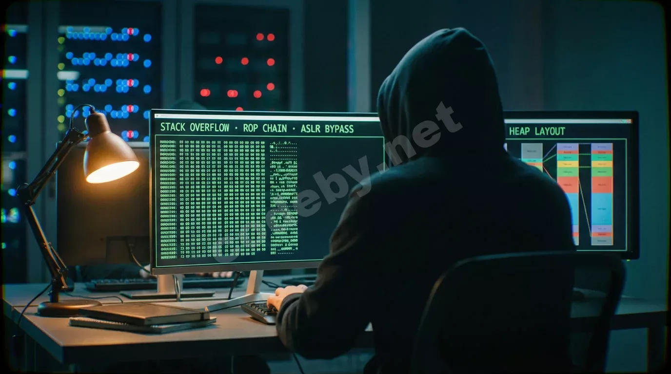 Исследователь за тёмной рабочей станцией с двумя мониторами: на экранах — дизассемблер GDB, дамп памяти и схема кучи. Синевато-зелёное свечение мониторов в полутёмной комнате.