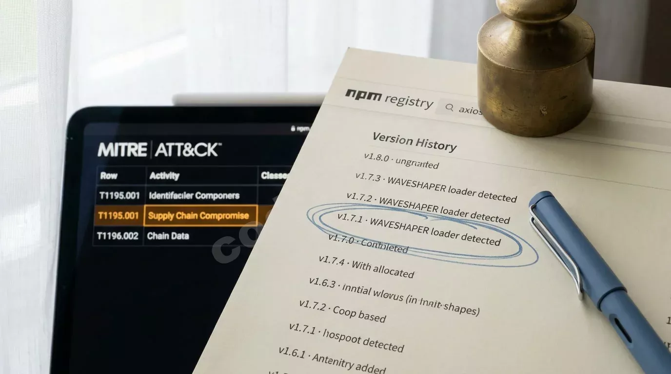 Распечатка страницы реестра npm с историей версий пакета axios на кремовой бумаге. Одна строка обведена синими чернилами, рядом лежит перьевая ручка и латунный пресс-папье.