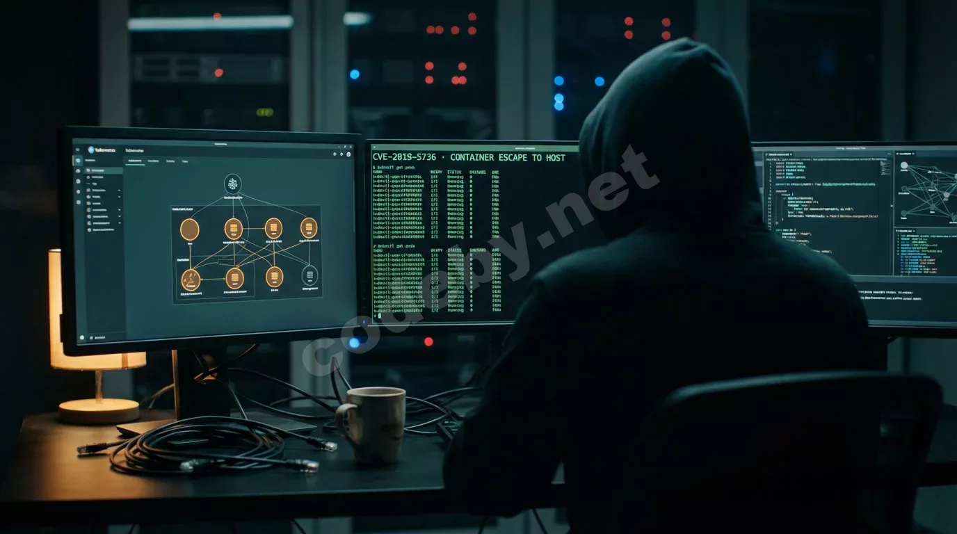 Силуэт исследователя в капюшоне перед тремя мониторами в тёмной комнате. Экраны светятся зелёным терминалом и схемой кластера Kubernetes на фоне глубоких теней.