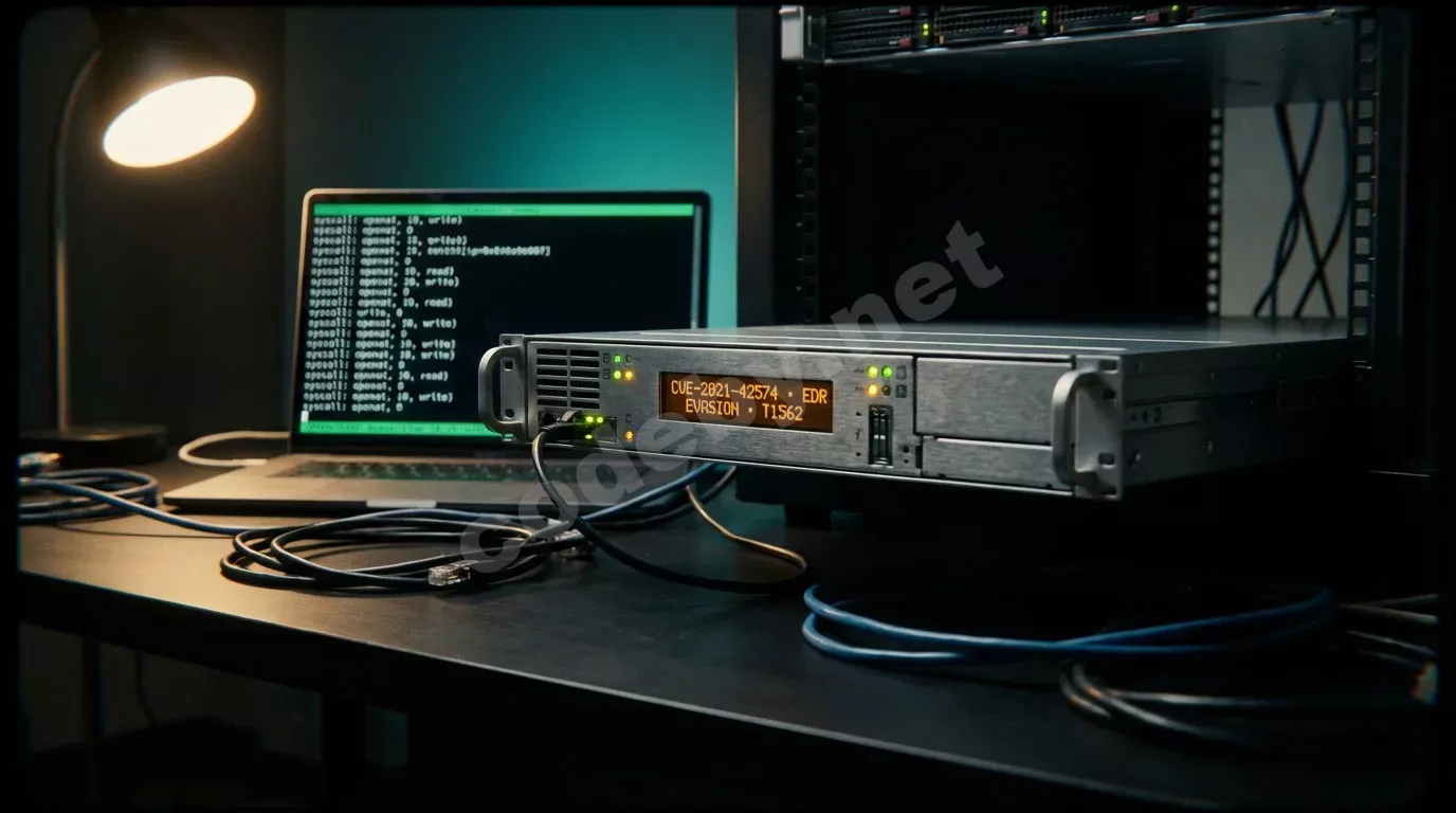 Серверный блейд выдвинут из тёмной стойки, на его панели светится янтарный текст с кодами CVE и EDR. Рядом ноутбук с зелёным терминалом отбрасывает бирюзовый отсвет на спутанные кабели.